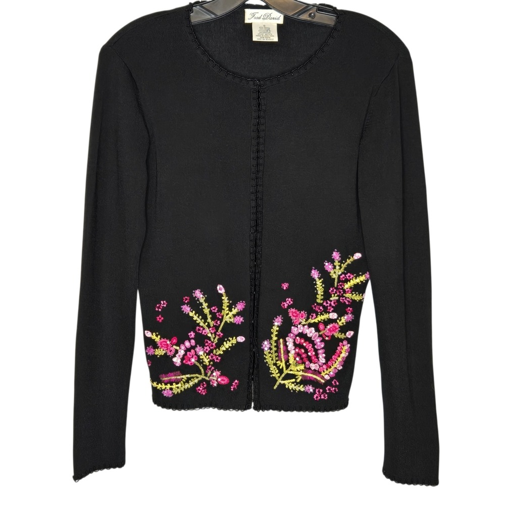 VTG Fred David Beaded Sequined Floral Cardigan Sweater Black Sz S Cottagecore